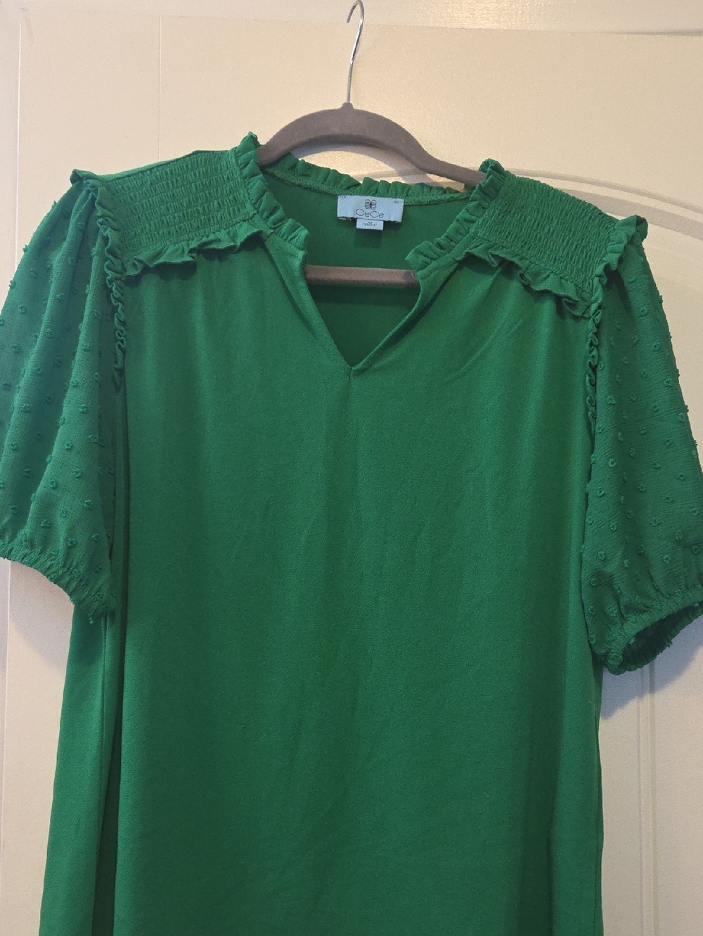 CeCe Emerald Green Ruffle-Trim Smocked Shoulder Blouse
